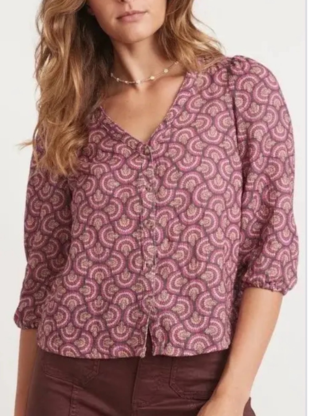 Marine Layer Mauve-Pink Printed Button-Front Colette Blouse